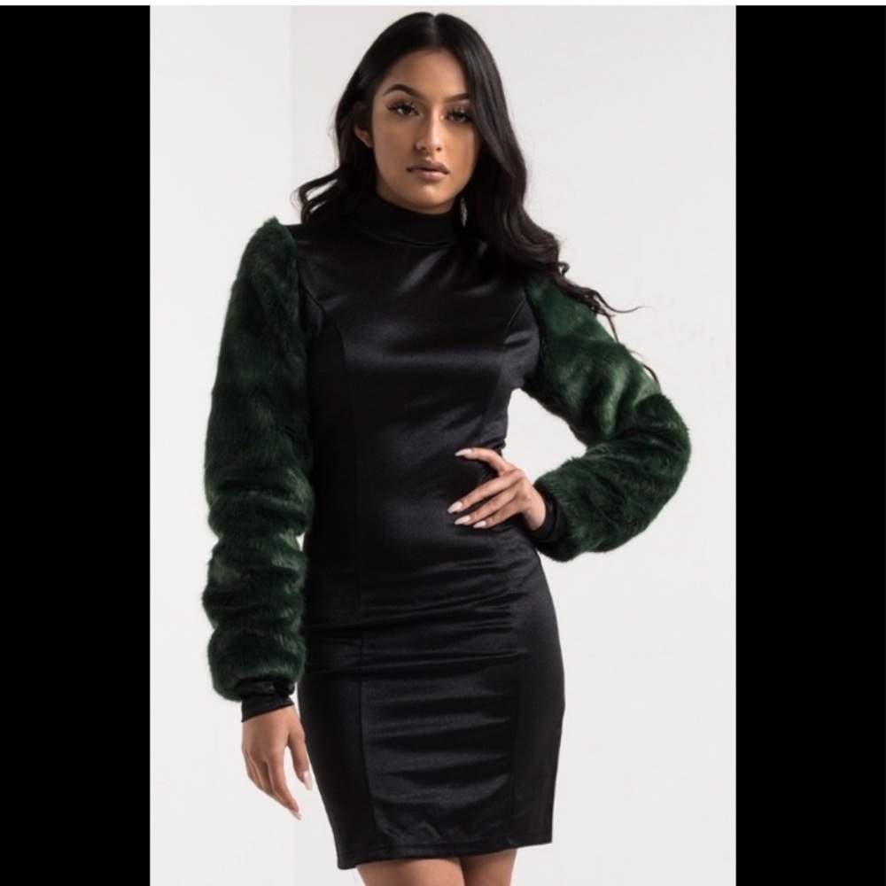 AKIRA Black Dress with Green Faux Fur Sleeves